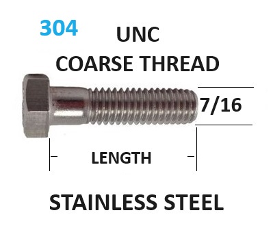 7/16 UNC Hex Bolts Stainless Steel Coarse Thread Select Length